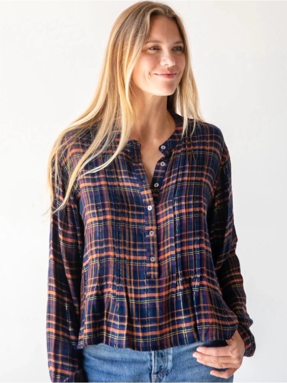Natural Life Montana Metallic Flannel Plaid Long Sleeve Button Front Popover Top